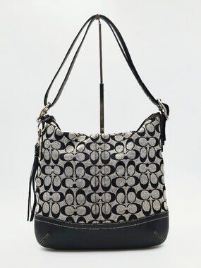 Coach Signature C Jacquard Black Leather Shoulder Hobo Bag Purse